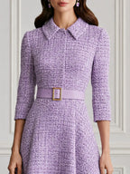 Premium Tweed Collared 3/4 Sleeve A-Line Midi Dress