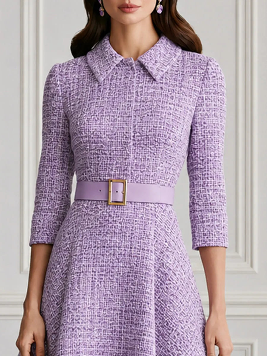 Premium Tweed Collared 3/4 Sleeve A-Line Midi Dress