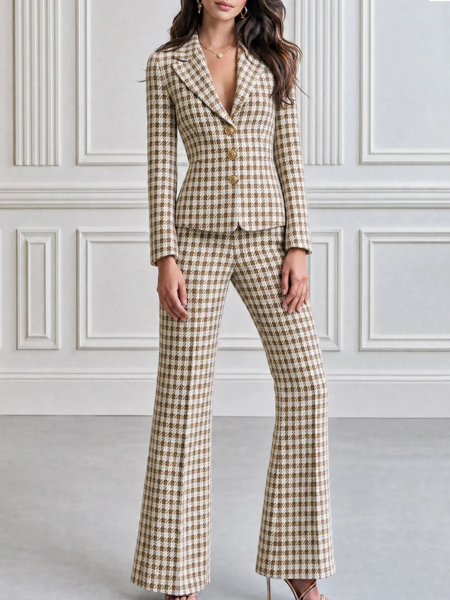 Houndstooth Tweed Blazer & Flare Pants Two-Piece Suit Set