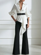 Asymmetric Draped Blouse And Flared Pants Set
