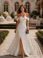 Resort-style Off-the-shoulder Sweetheart Neckline Sleeveless Polka Dot Maxi Dress