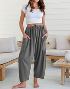 Womens Linen Wide Leg Pants Casual Loose Beach Palazzo Harem Pants with Pockets Summer Outfit