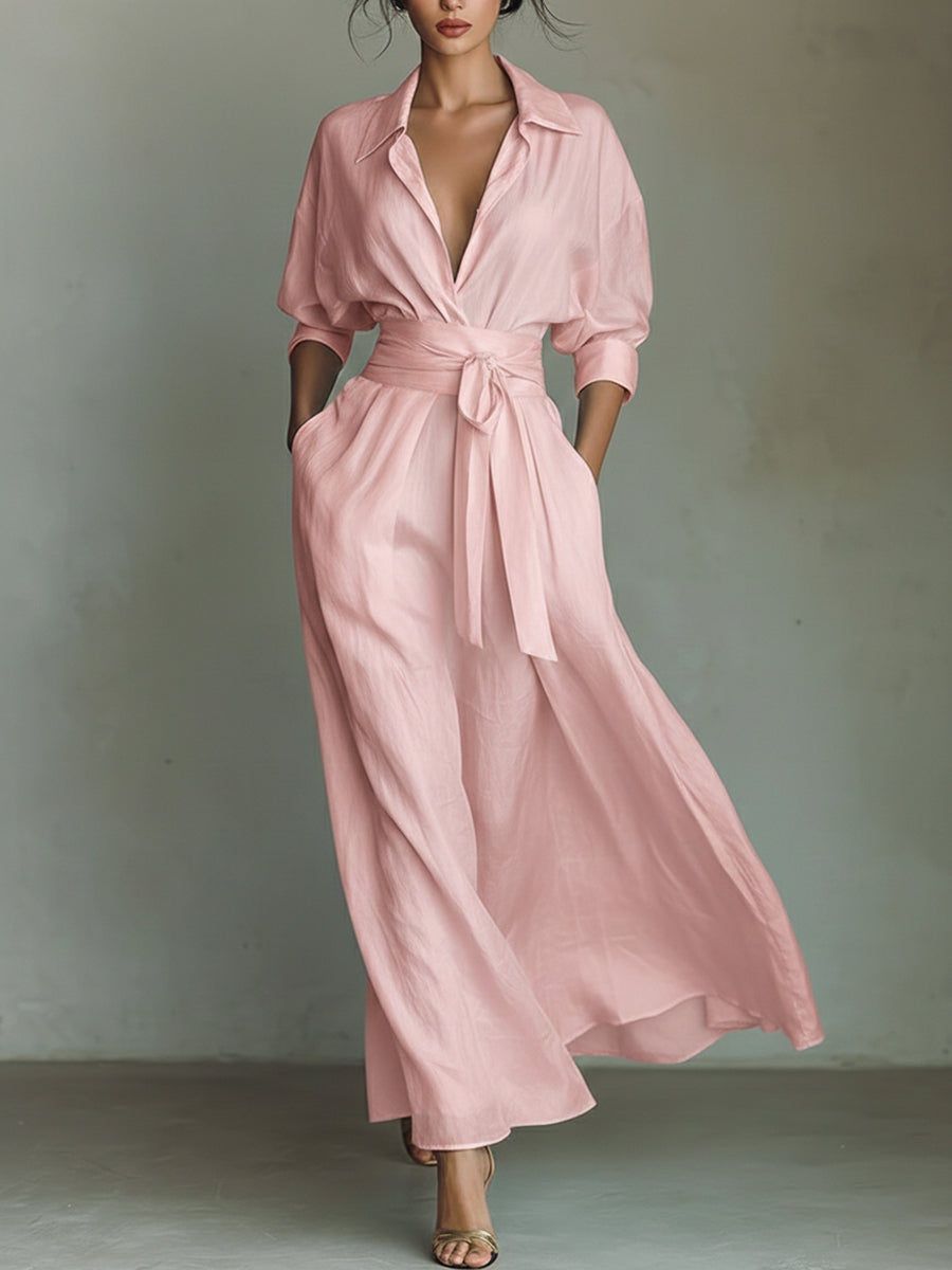Waist-cinching Shirt-style Maxi Linen And Cotton Dress