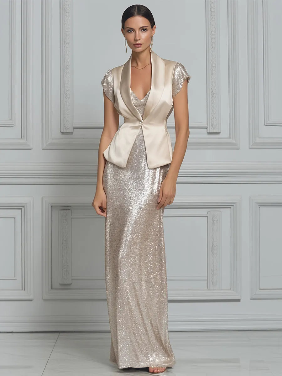 Satin Peplum Vest Sequin Maxi Dress