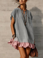 Gray Washed Loose Mini Dress With Pink Ruffles