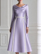 Cowl Neck Satin Pearl Trim A-Line Midi Dress