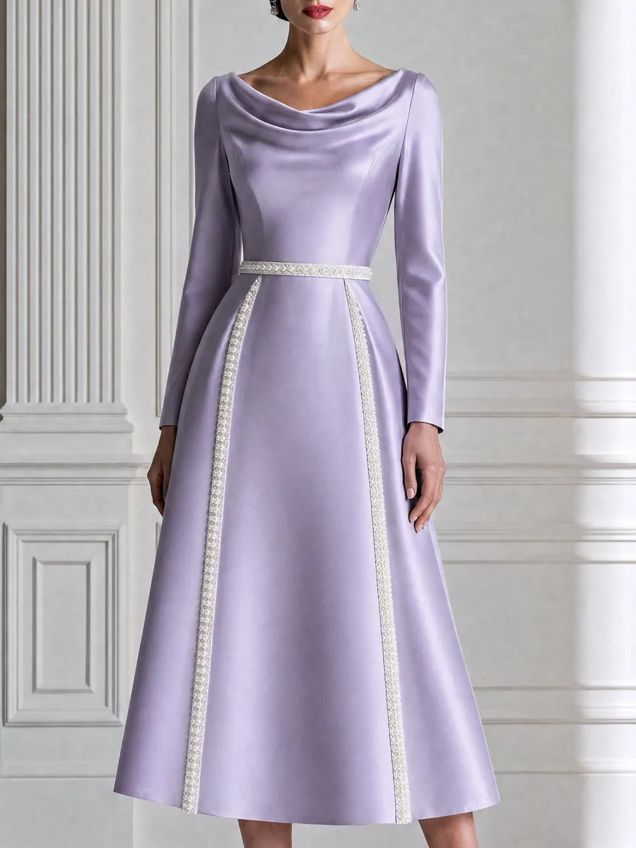 Cowl Neck Satin Pearl Trim A-Line Midi Dress