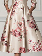 Floral Rose Print 3/4 Sleeve Satin A-Line Midi Dress