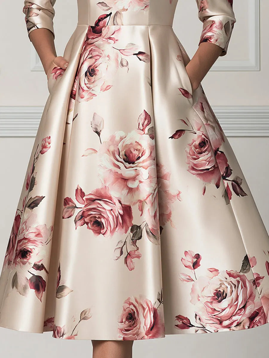 Floral Rose Print 3/4 Sleeve Satin A-Line Midi Dress