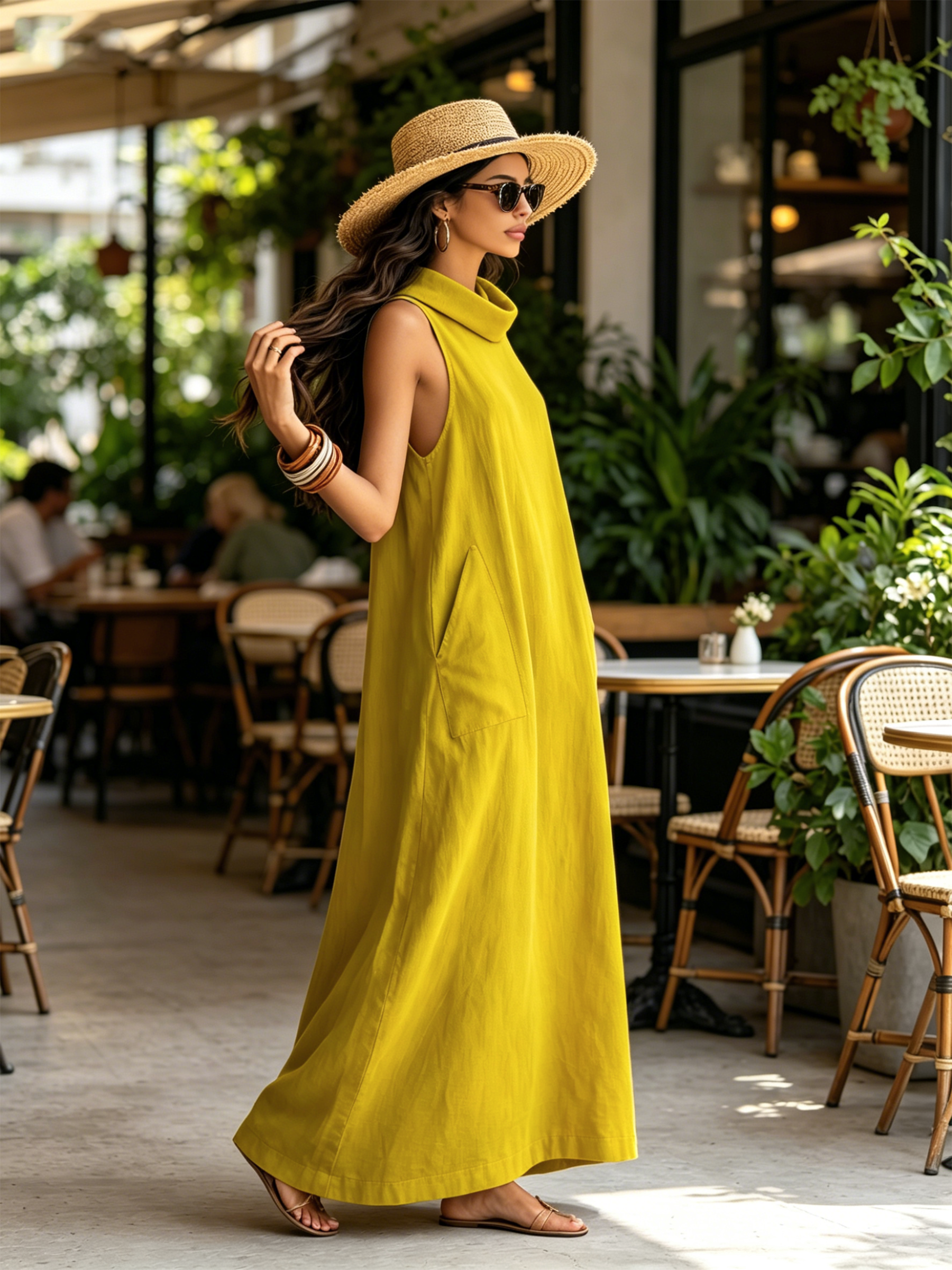 Lemon Yellow Cotton-Blend Cowl Neck Sleeveless Loose Maxi Dress