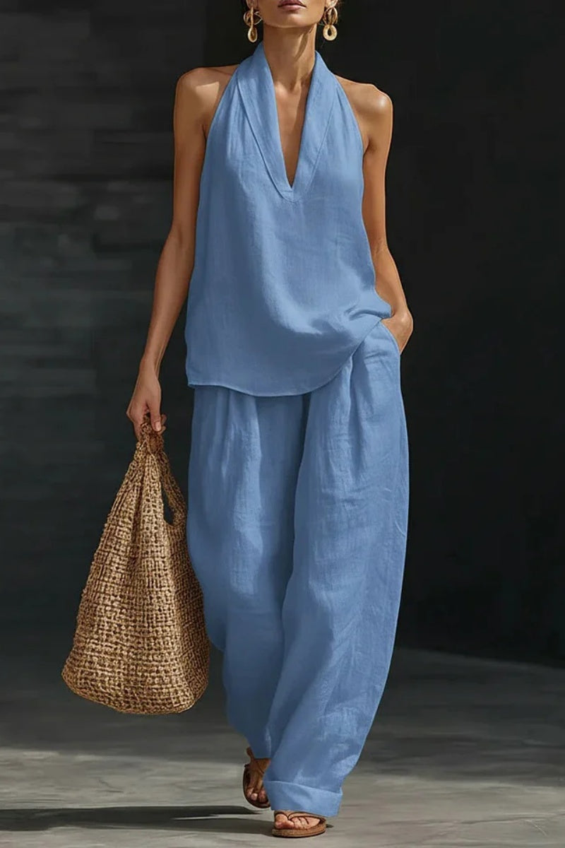Women's V-neck Top + Tencel Denim Casual Suit
