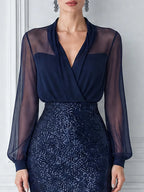Sheer Chiffon Blouse & Sequin Midi Skirt Two-Piece Set