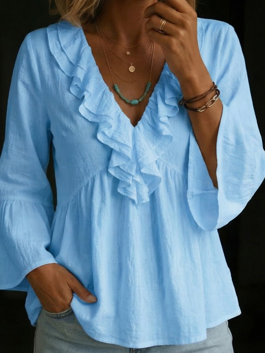 Women's Lace-trimmed V-neck Ruffled Sleeves Cotton Top