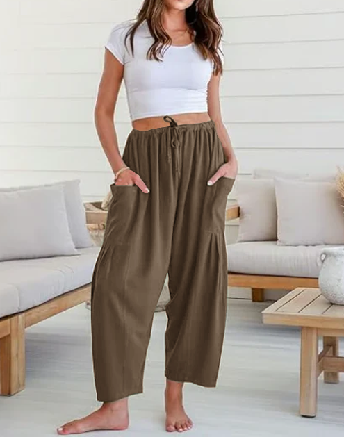 Womens Linen Wide Leg Pants Casual Loose Beach Palazzo Harem Pants with Pockets Summer Outfit