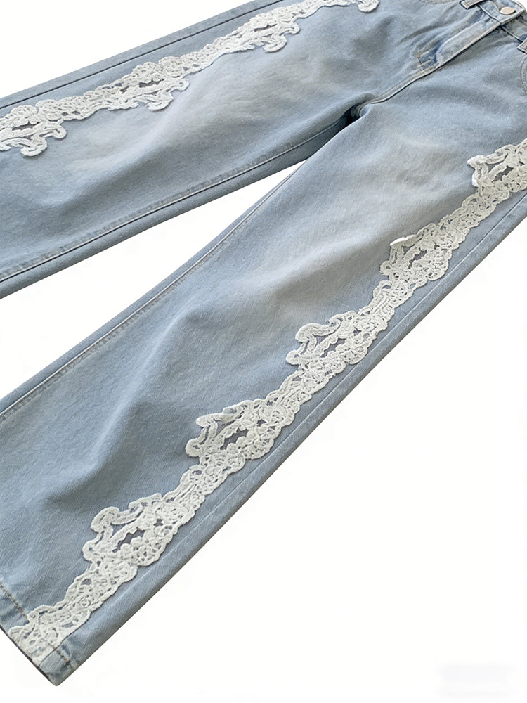 Vintage Bohemian Lace-paneled Distressed Washed Denim Jeans
