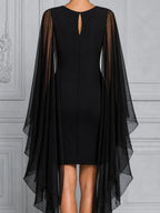 Black Sheer Chiffon Cape Sleeve  Overlay Pencil  Dress