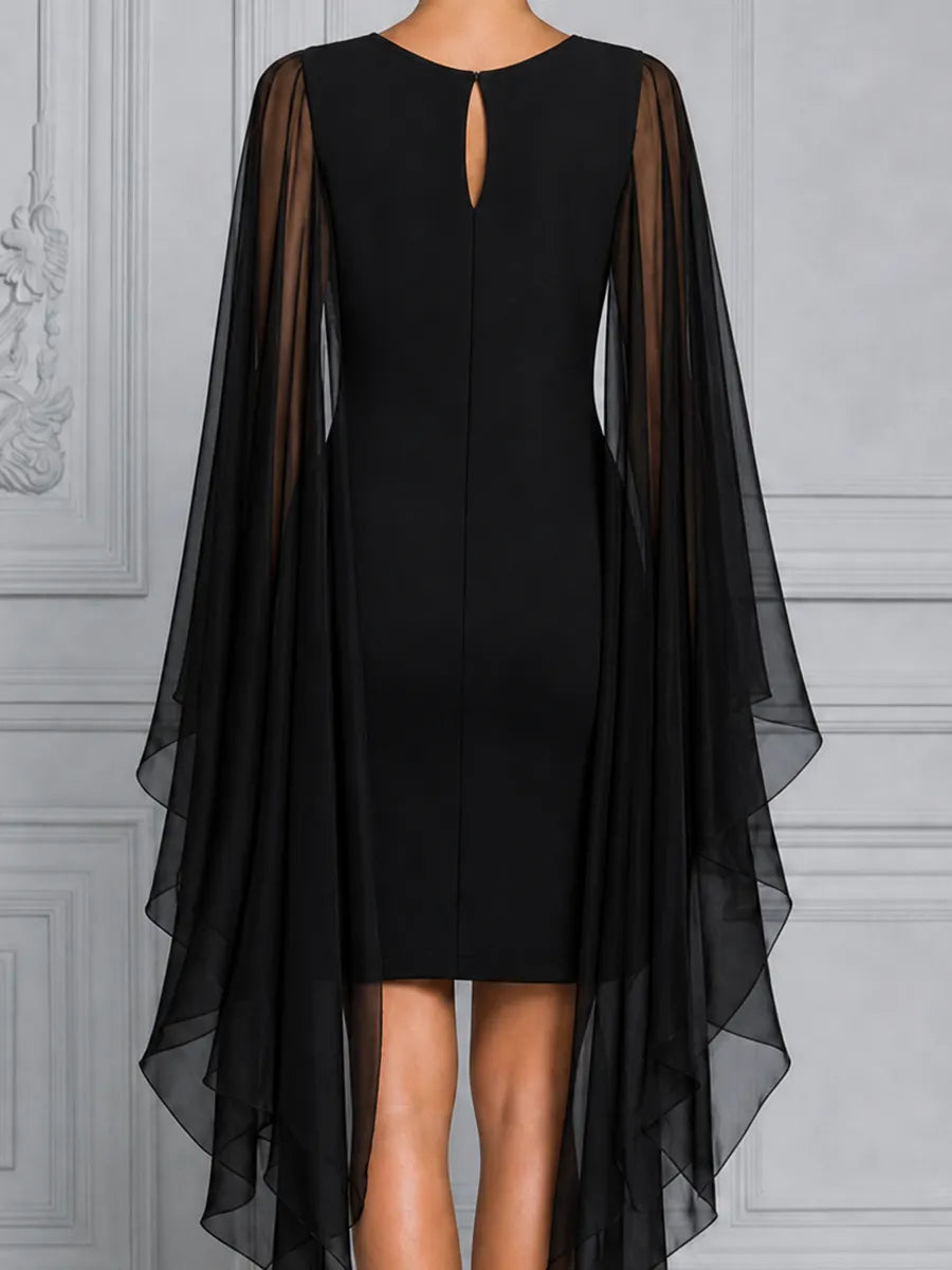 Black Sheer Chiffon Cape Sleeve  Overlay Pencil  Dress