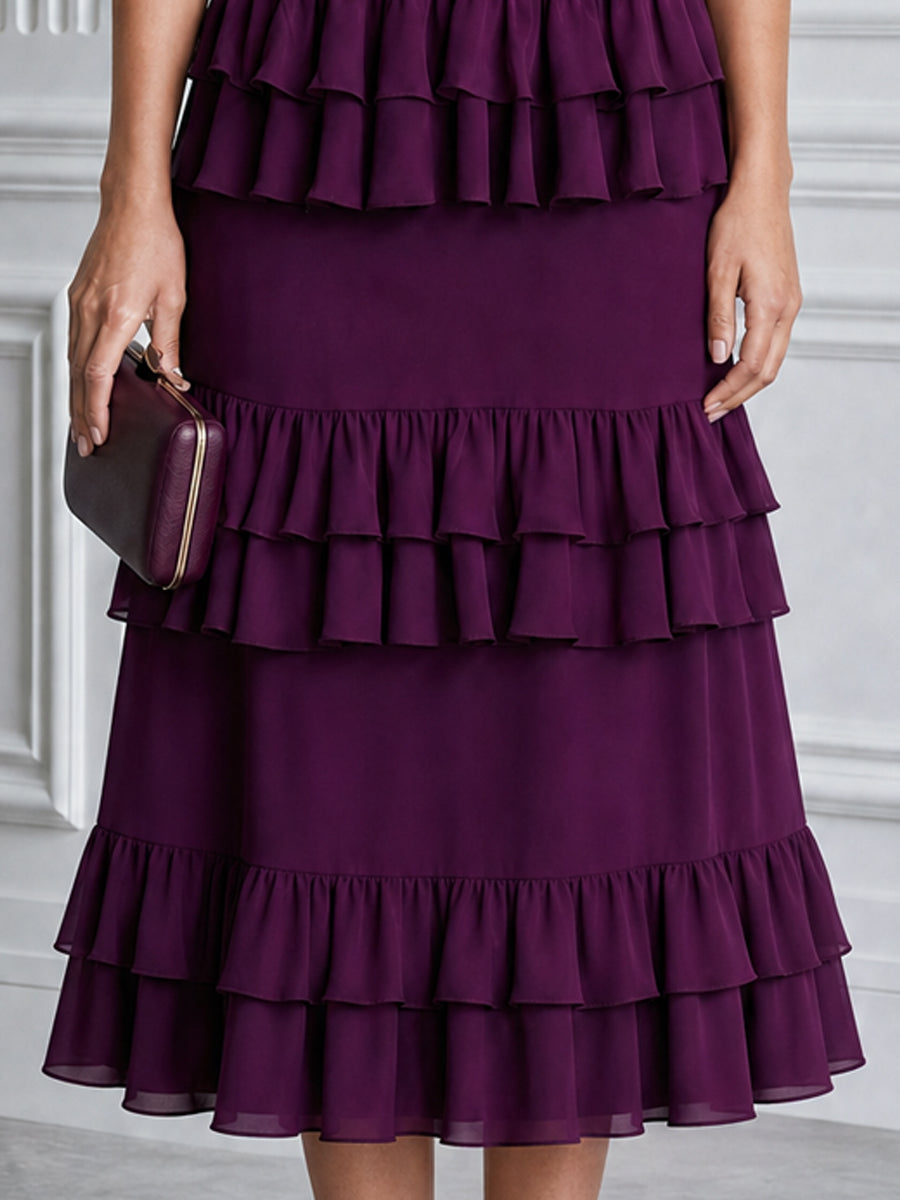 Elegant Cold Shoulder Ruffle Tiered Chiffon Midi Dress