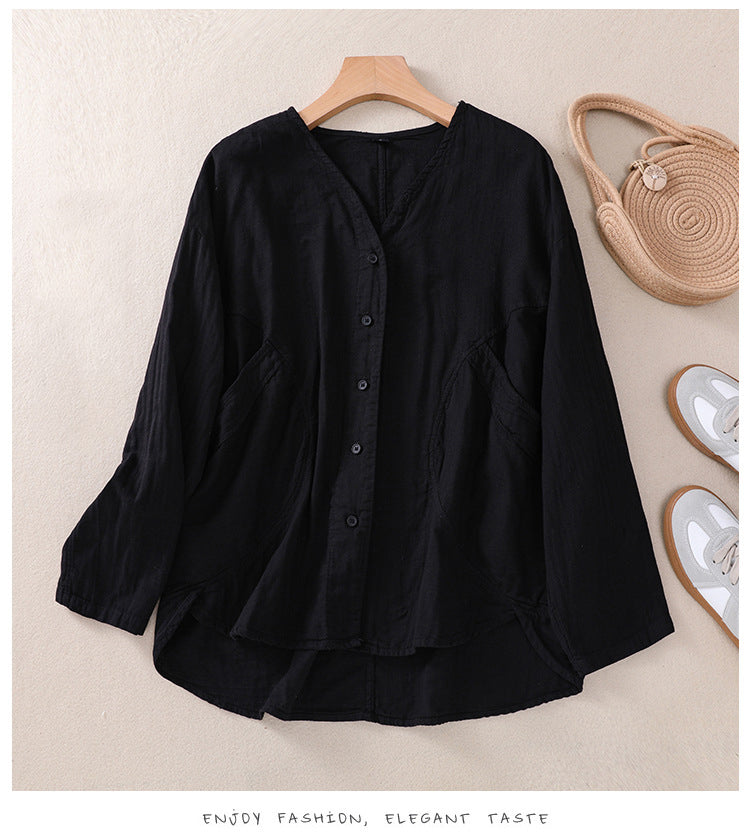 Solid Color V-Neck Long Sleeved Loose Shirt