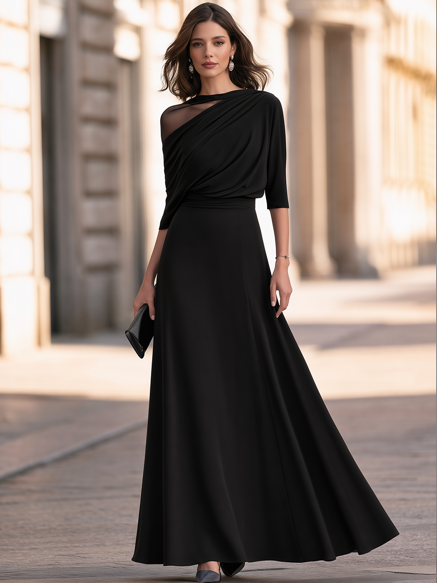 Elegant Draped Mesh One-Shoulder Maxi Evening Dress