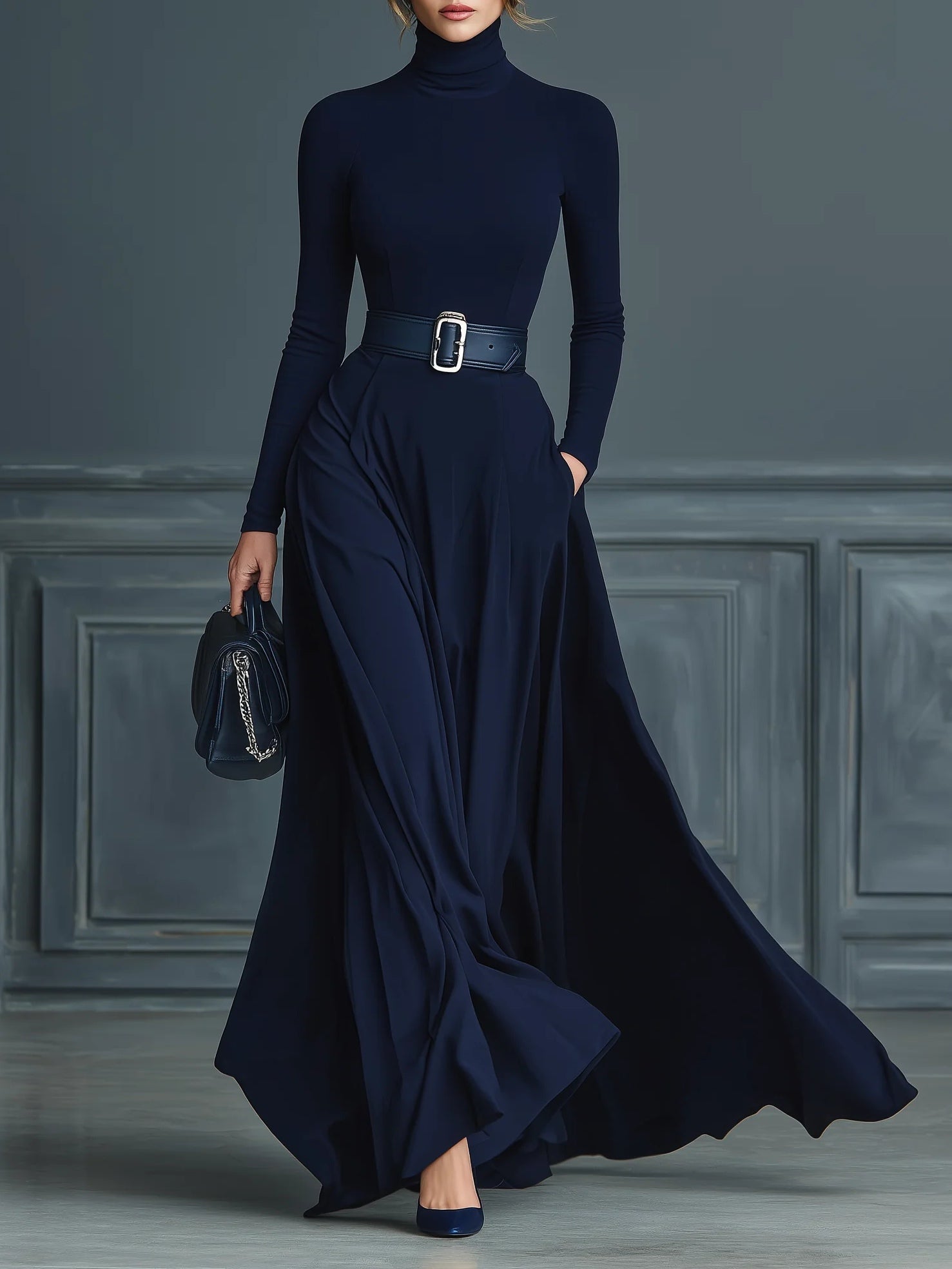 Dark Blue Knitted High-neck Dress(No belt)