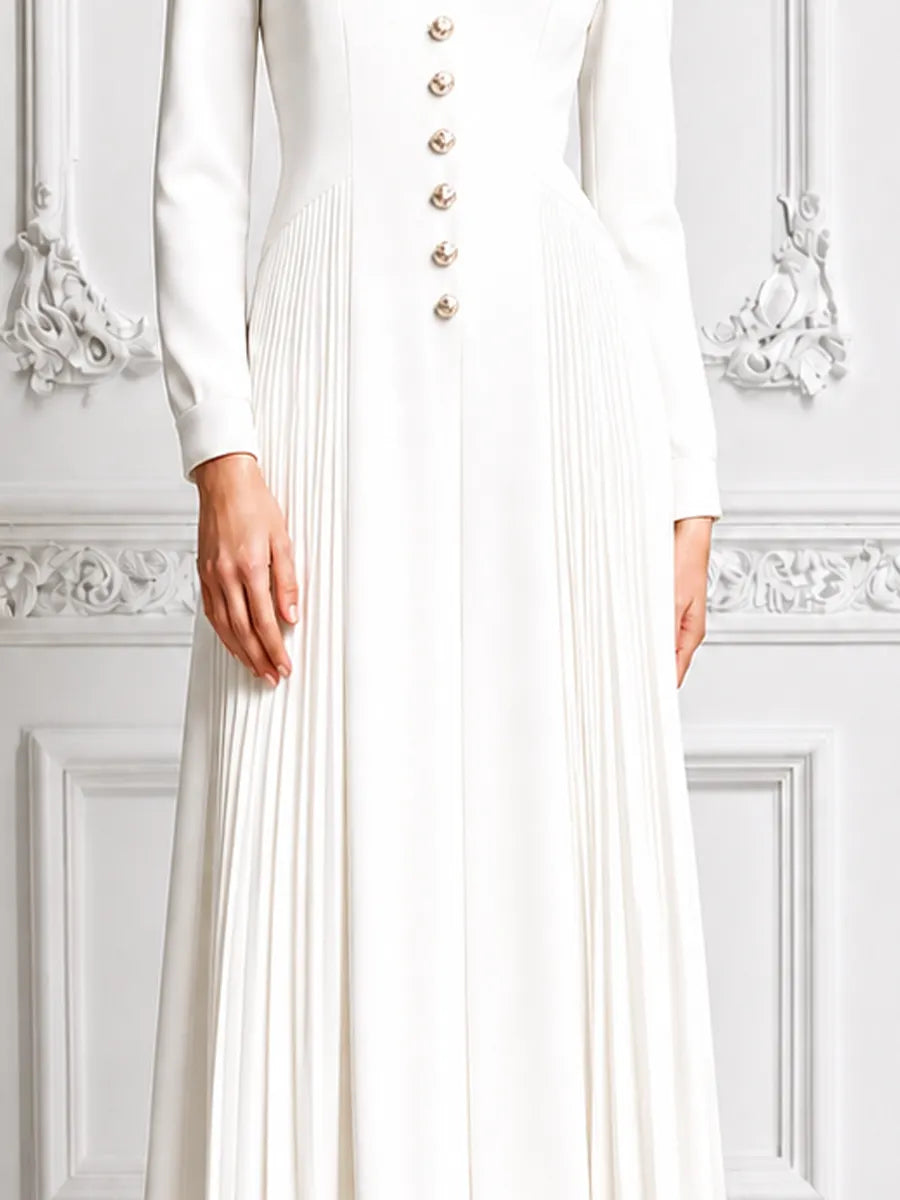 Ivory Stand Collar Gold Button Pleated A-Line Midi Dress