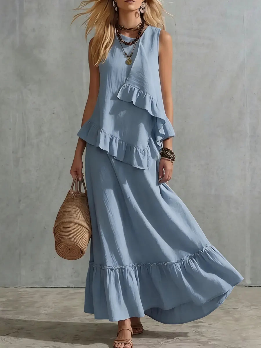 Women's Casual Vacation Style Irregular Lace Cotton And Linen Skirt Set