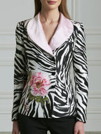 Floral Zebra Print Contrast-Lapel Tailored Blazer