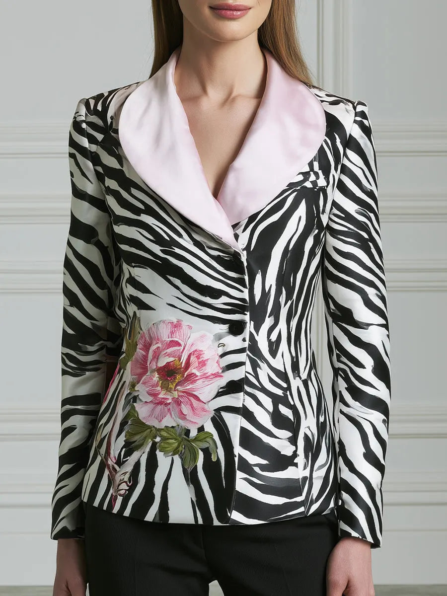 Floral Zebra Print Contrast-Lapel Tailored Blazer