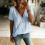 Women's Solid Color Lace Cotton Linen Short-sleeve V-neck Top
