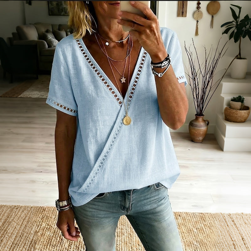 Women's Solid Color Lace Cotton Linen Short-sleeve V-neck Top
