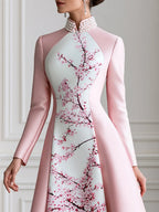 Pink Satin Plum Blossom Print Panel Stand Collar Maxi Dress