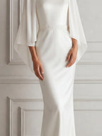 White Dress Sheer Cape Sleeve Column Maxi Dress