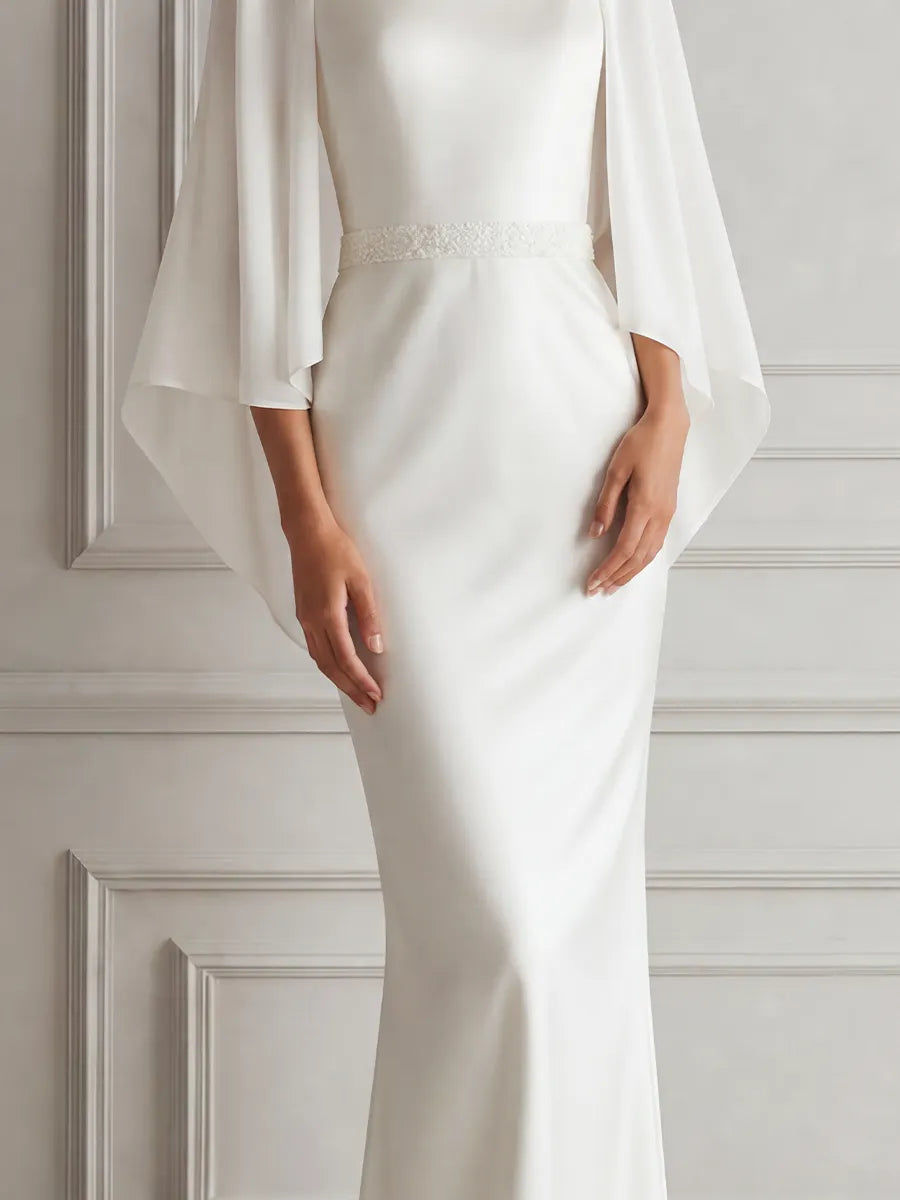 White Dress Sheer Cape Sleeve Column Maxi Dress