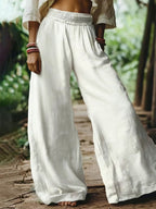 Women's Solid-color Elastic Waist Casual Cotton-linen Wide-leg Pants