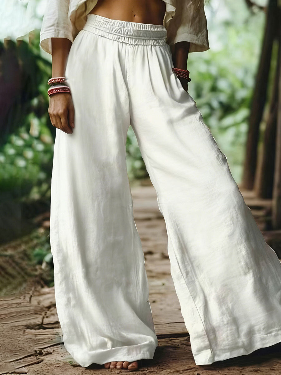 Women's Solid-color Elastic Waist Casual Cotton-linen Wide-leg Pants
