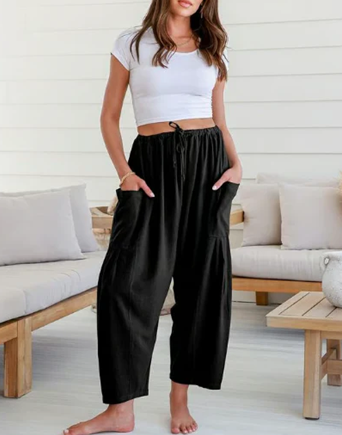 Womens Linen Wide Leg Pants Casual Loose Beach Palazzo Harem Pants with Pockets Summer Outfit