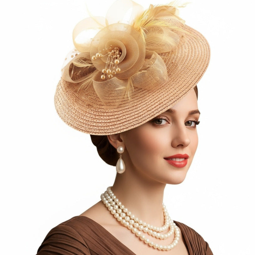 Mesh Floral Straw Feather Headdress Hat