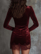 Sparkling Velvet Lace-Trim Mini Dress – Spiced Wine Red