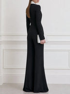 Contrast Shawl Collar Long Sleeve Wide Leg Jumpsuit