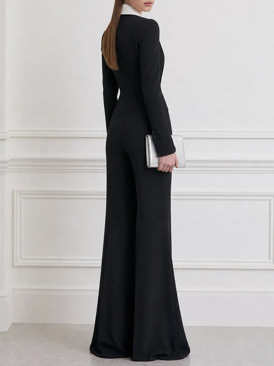 Contrast Shawl Collar Long Sleeve Wide Leg Jumpsuit