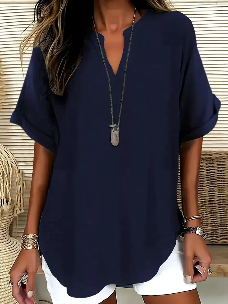Solid Color V-neck Short Sleeve Linen Blend Blouses