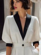 Contrast Collar Tailored Blouse And Shorts Set