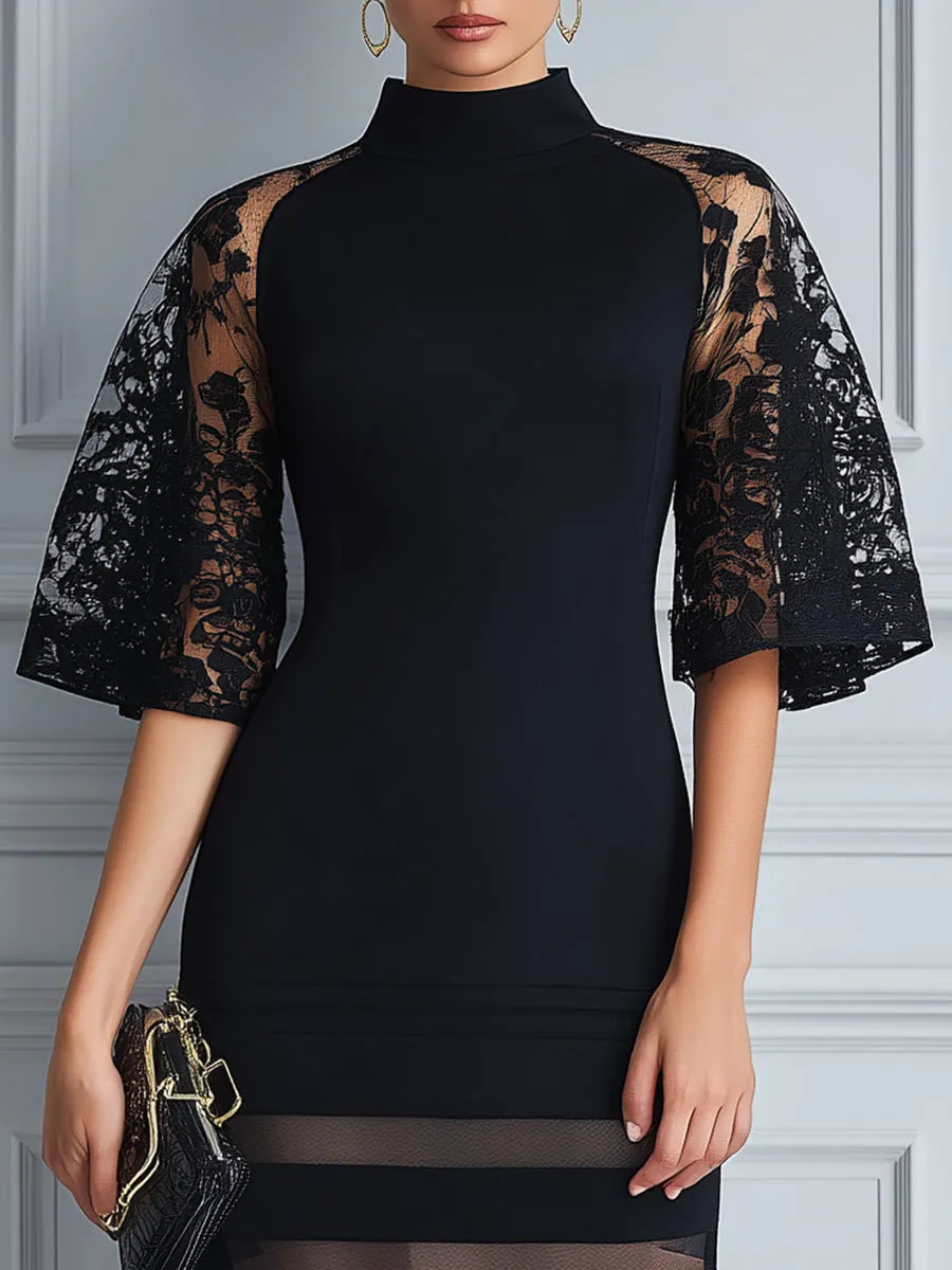 Mock Neck Floral Lace Flutter Sleeve Sheer-Stripe Hem Bodycon Midi Dress
