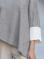 Houndstooth Spliced Knit Sweater Asymmetric Hem Mock Neck Batwing Top