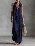 Women's Retro Hooded Solid Color Long-sleeved Cotton Linen Dress