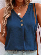 Women's Solid V-Neck Button Sleeveless Top in 7 Colors Sizes 4-14