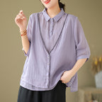 Women's Embroidery Button Down Cotton Linen Casual Shirt