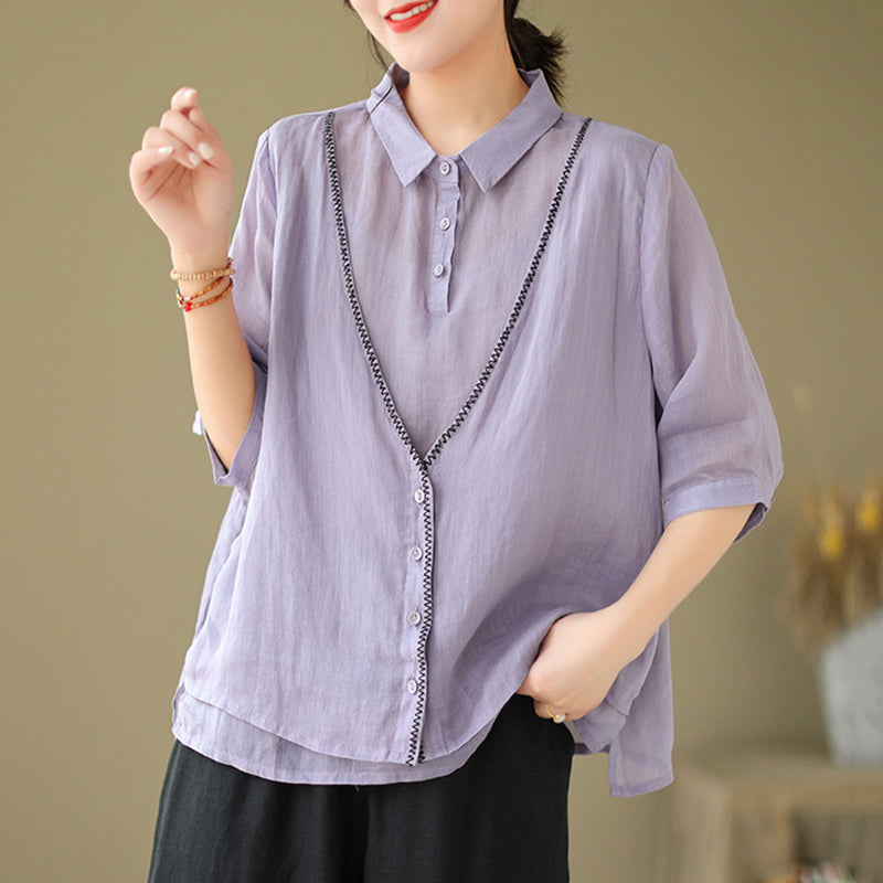 Women's Embroidery Button Down Cotton Linen Casual Shirt