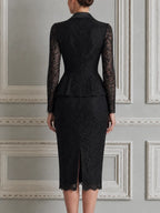 Black Lace Satin Lapel Peplum Jacket & Pencil Skirt Set